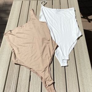 2 Publik - Collection One-Shoulder Bodysuits - White & Tan - Size Medium